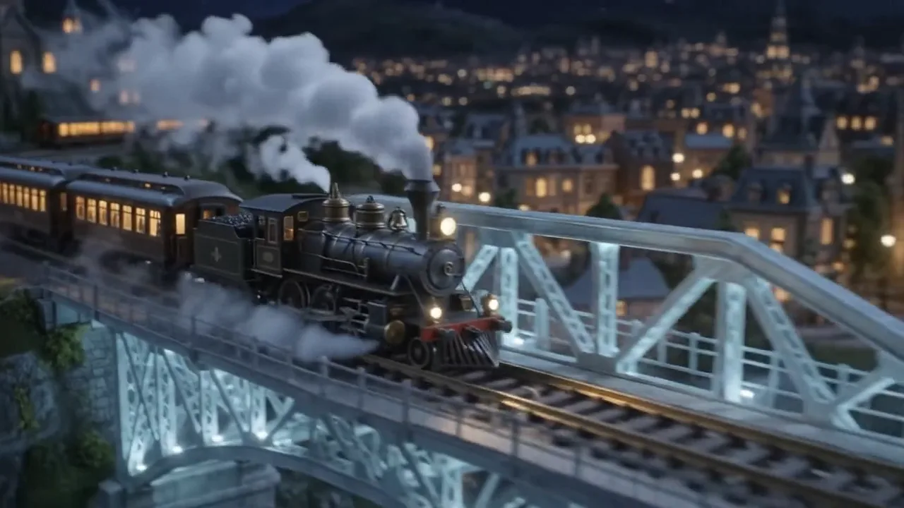 Tiny train crossing a glowing bridge over a miniature city at night.
