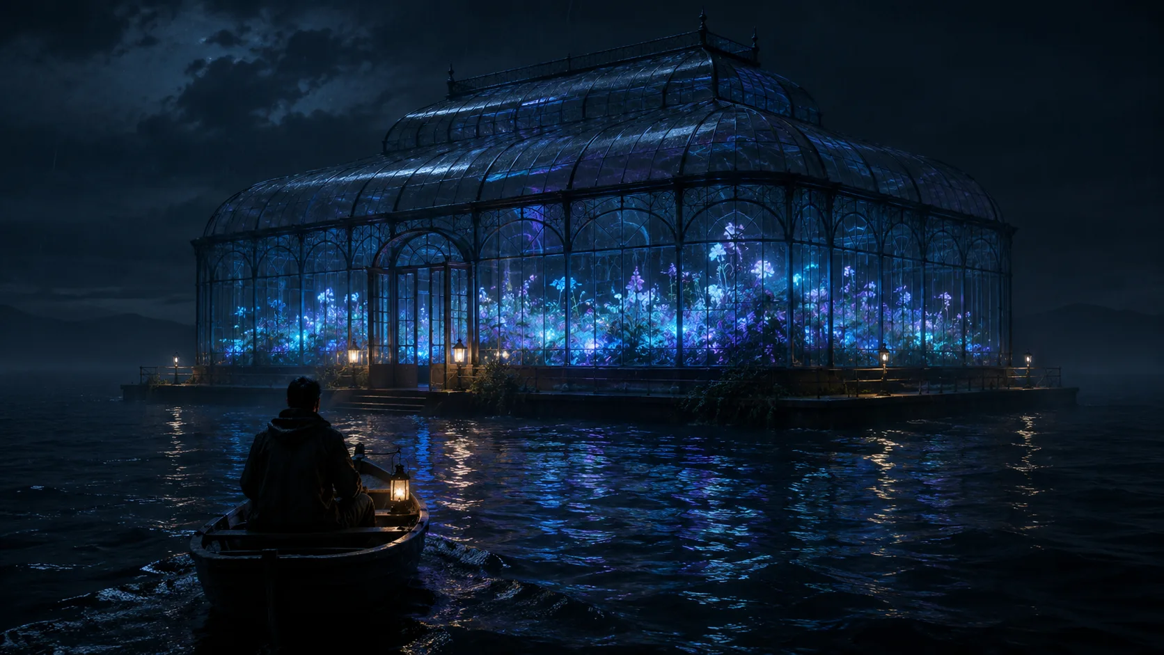 Cinematic first frame of a glass greenhouse floating on dark ocean water at night.
