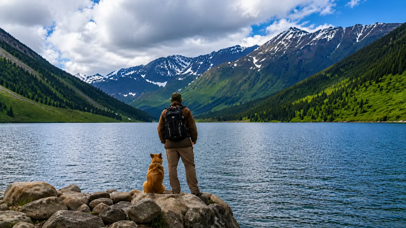 Before-and-after slider for a mountain lake scene, showing richer color and clearer landscape detail after enhancement. result