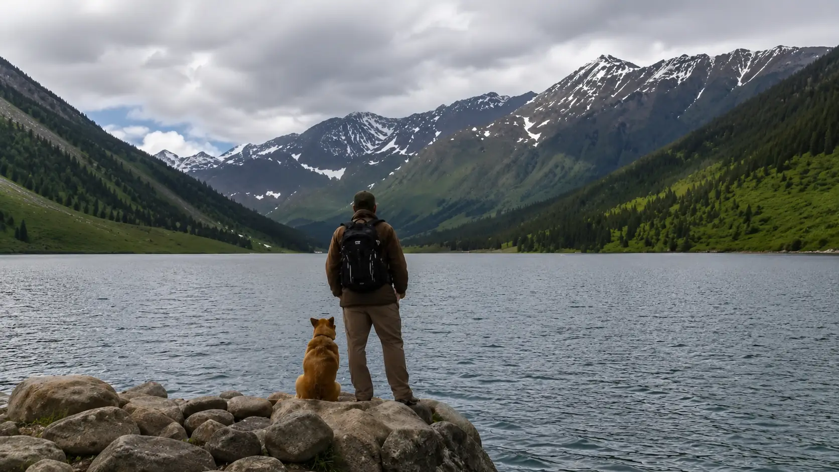 Before-and-after slider for a mountain lake scene, showing richer color and clearer landscape detail after enhancement.
