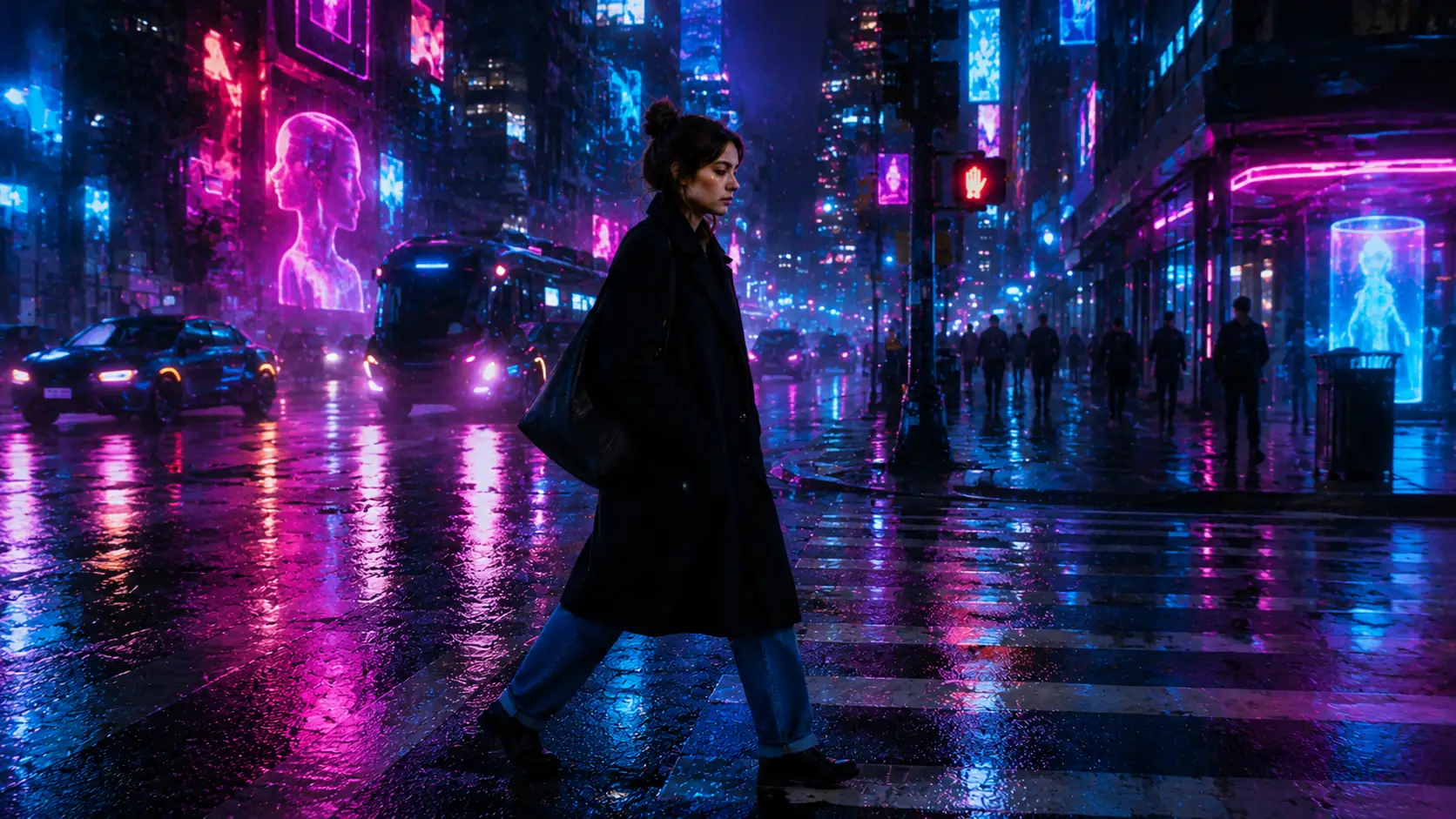 Woman walking through a neon cyberpunk city in a Video to Video AI restyle example.