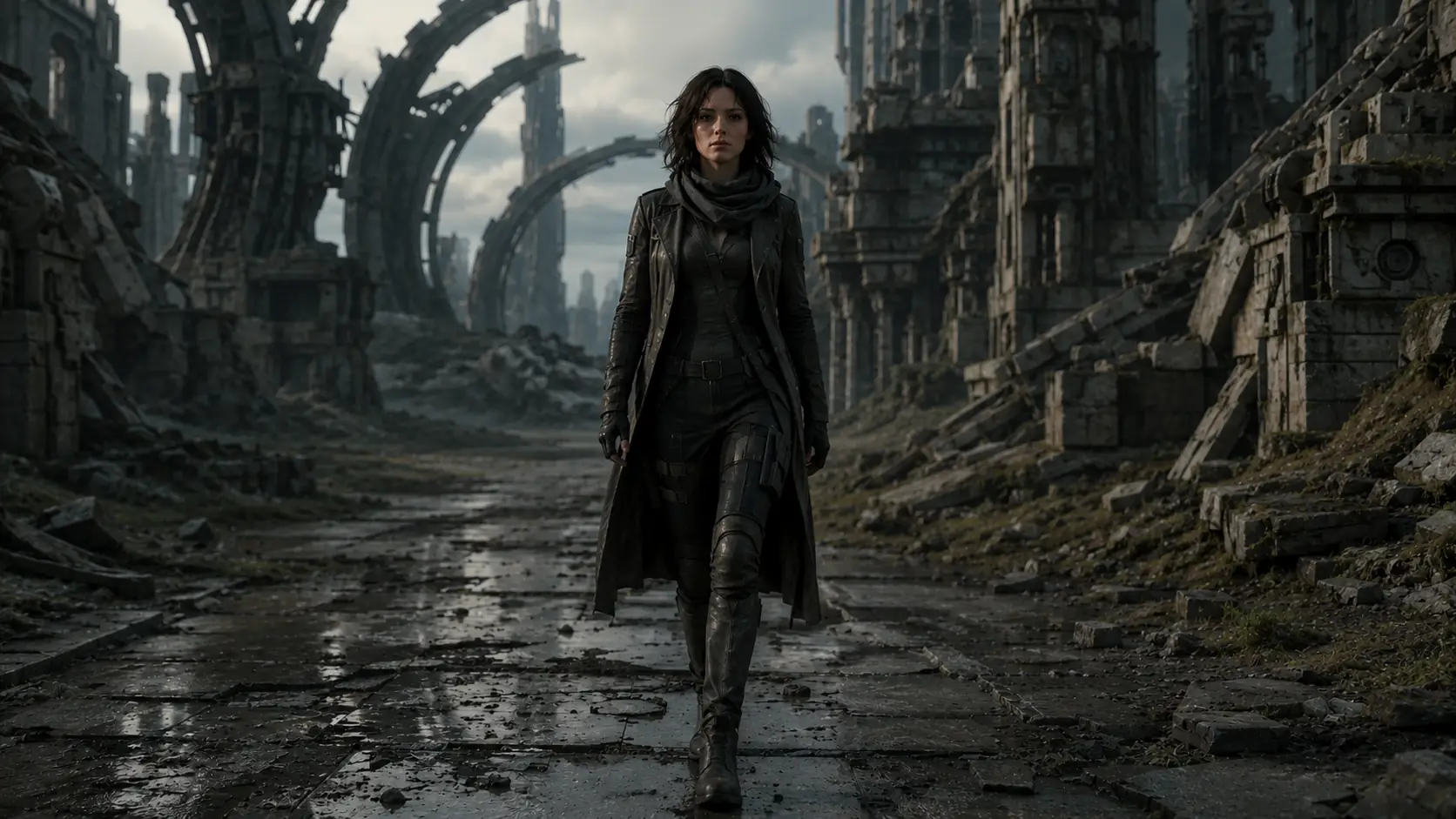 Woman walking through a ruined sci-fi city in a cinematic Video to Video AI restyle example.