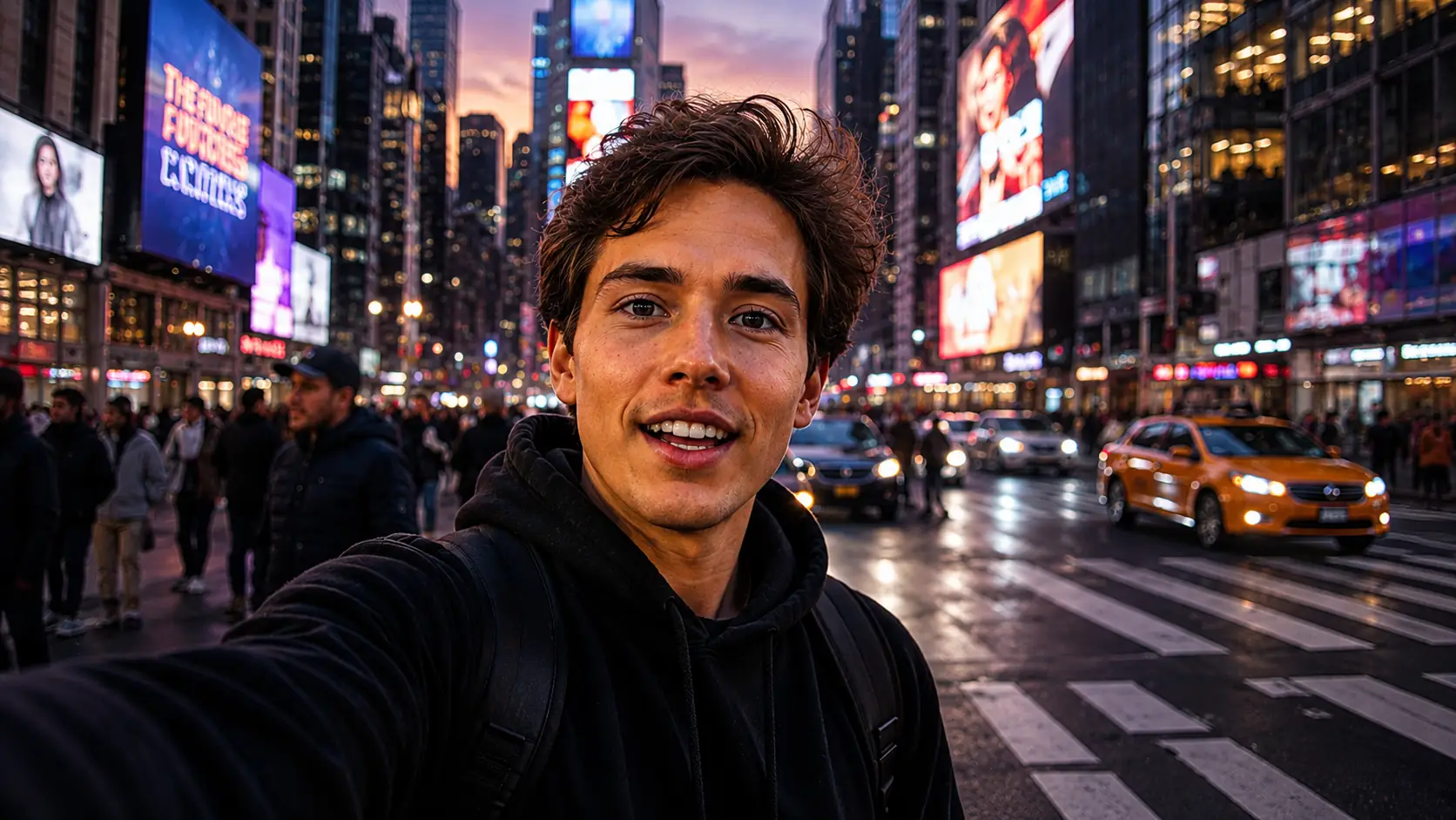 Before-and-after slider for a city selfie clip, showing a more detailed upscale with clearer lights and street detail. result