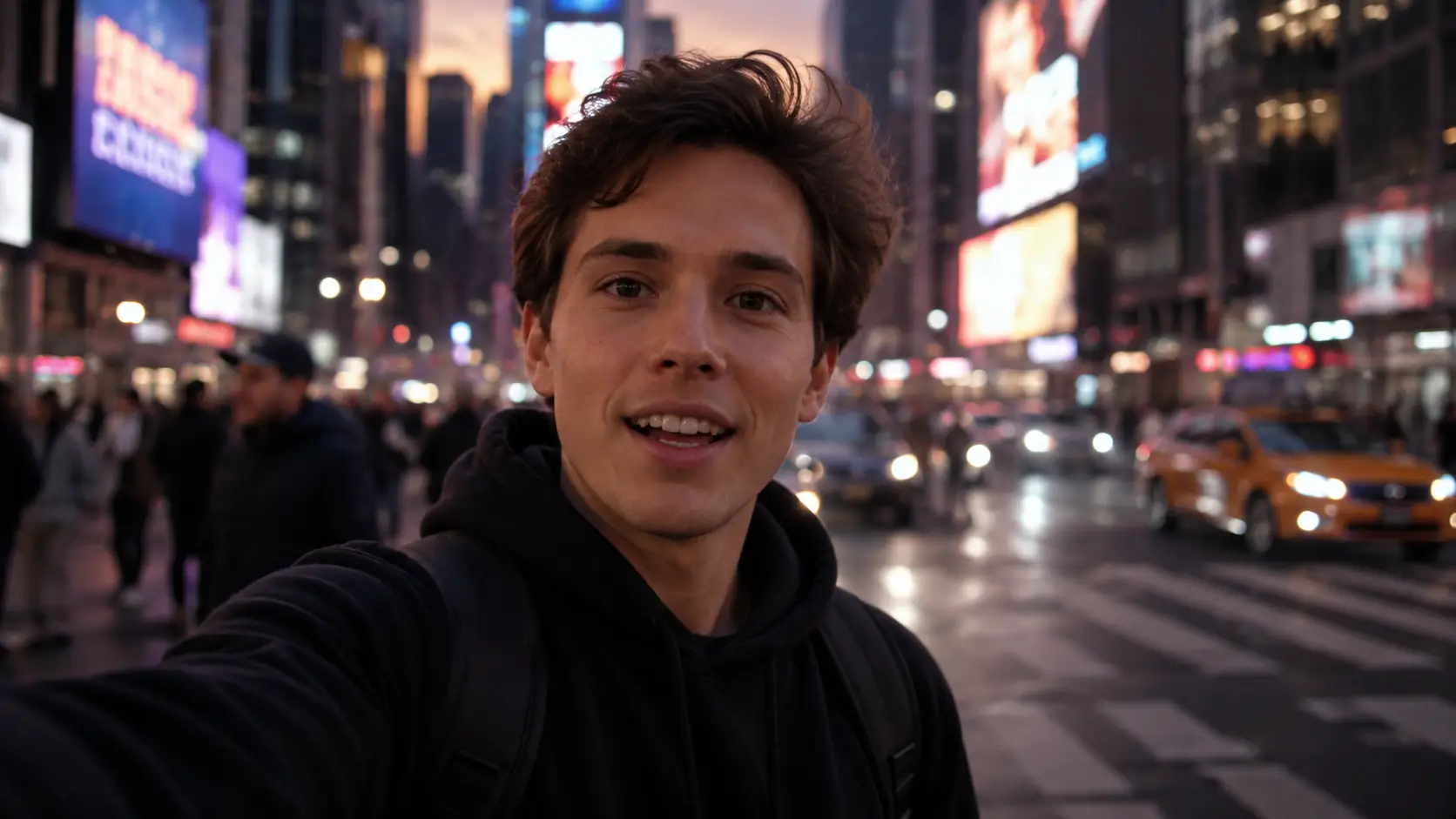 Before-and-after slider for a city selfie clip, showing a more detailed upscale with clearer lights and street detail.