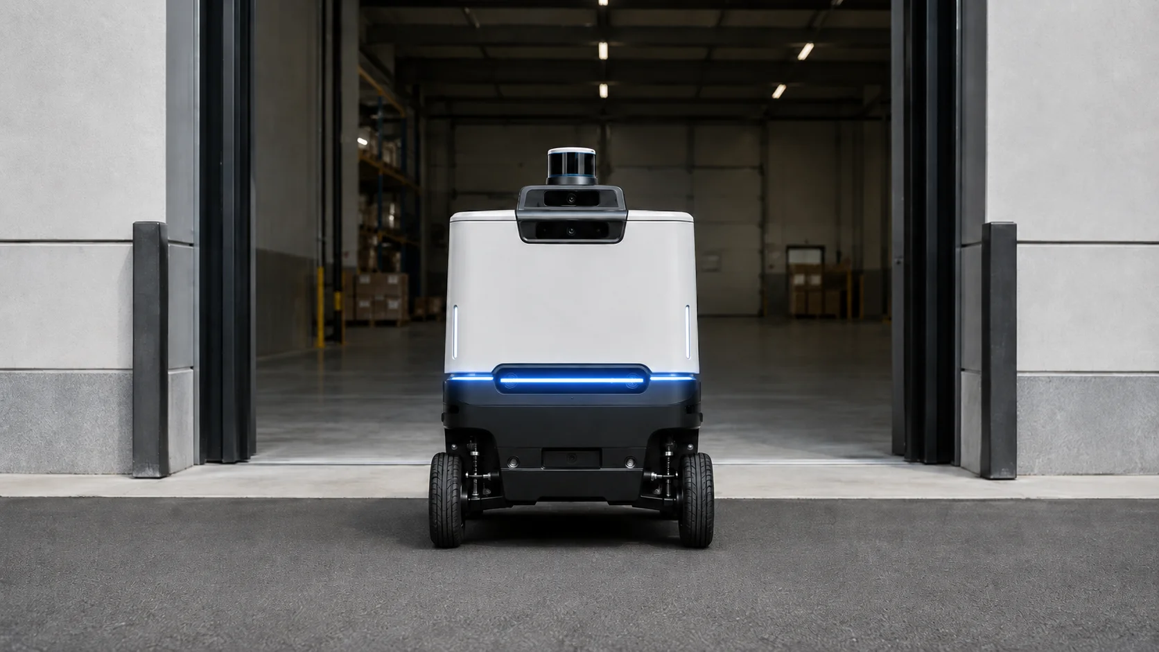 Small autonomous delivery robot centered at a modern warehouse entrance.