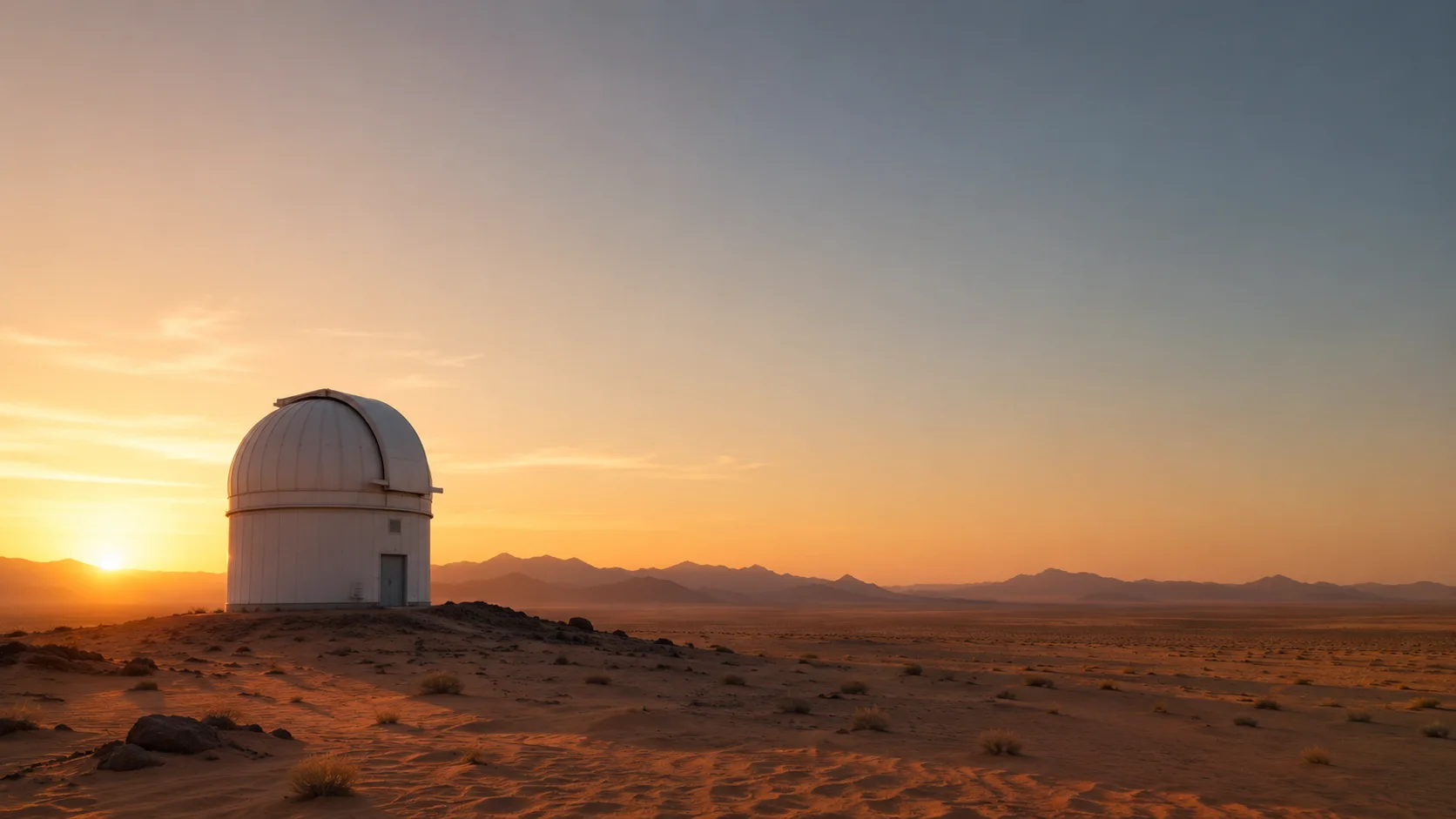 Desert observatory at sunset with wide open sky and room for camera movement.