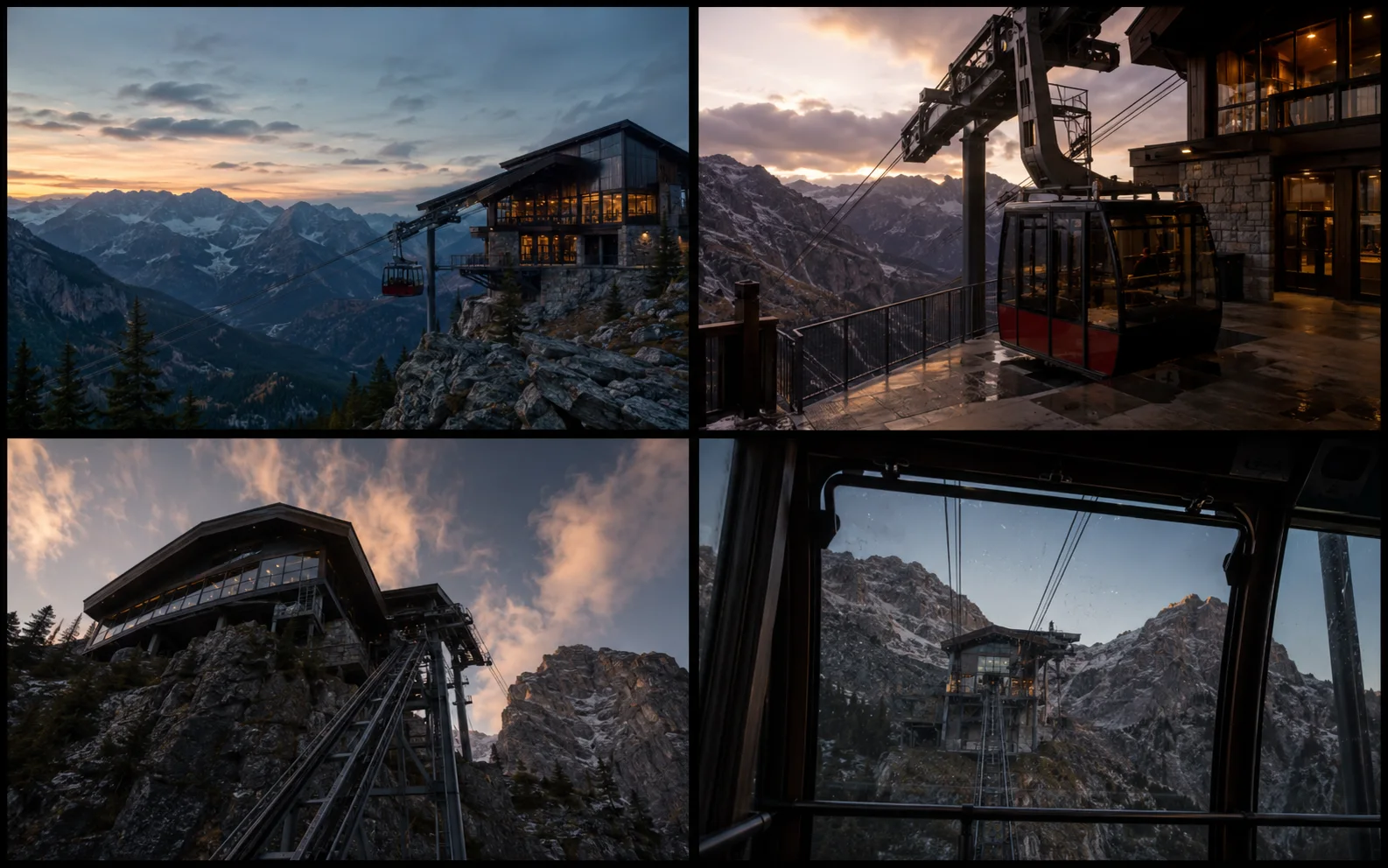 Four-panel contact sheet of mountain cable-car station first-frame variations.