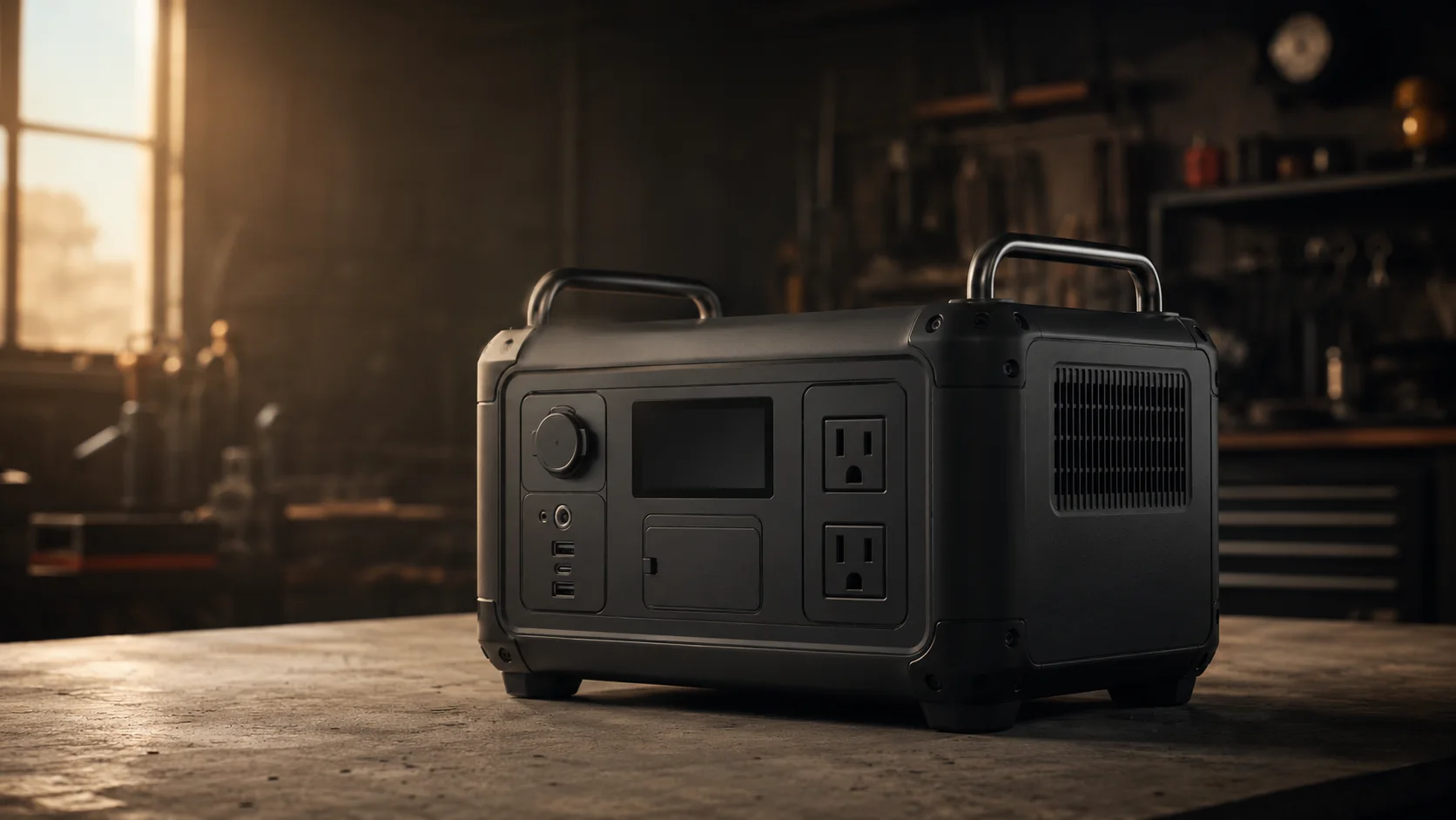 Matte black portable power station on a workshop table with warm side light.