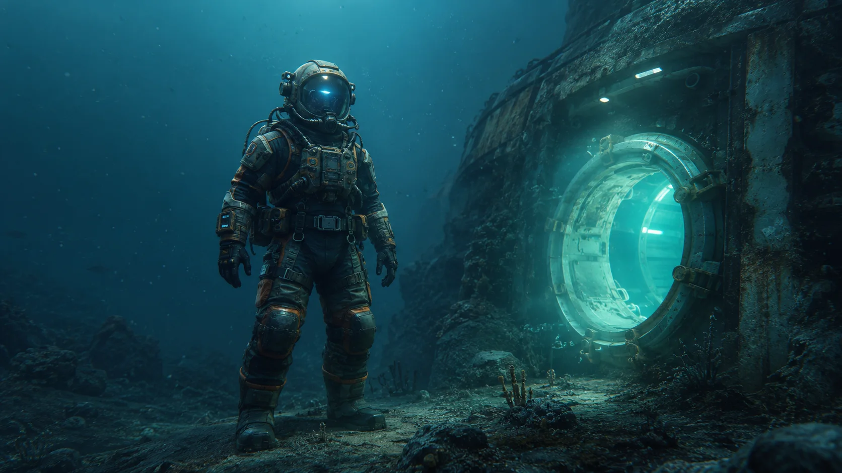 Deep-sea maintenance diver beside a glowing underwater research hatch.