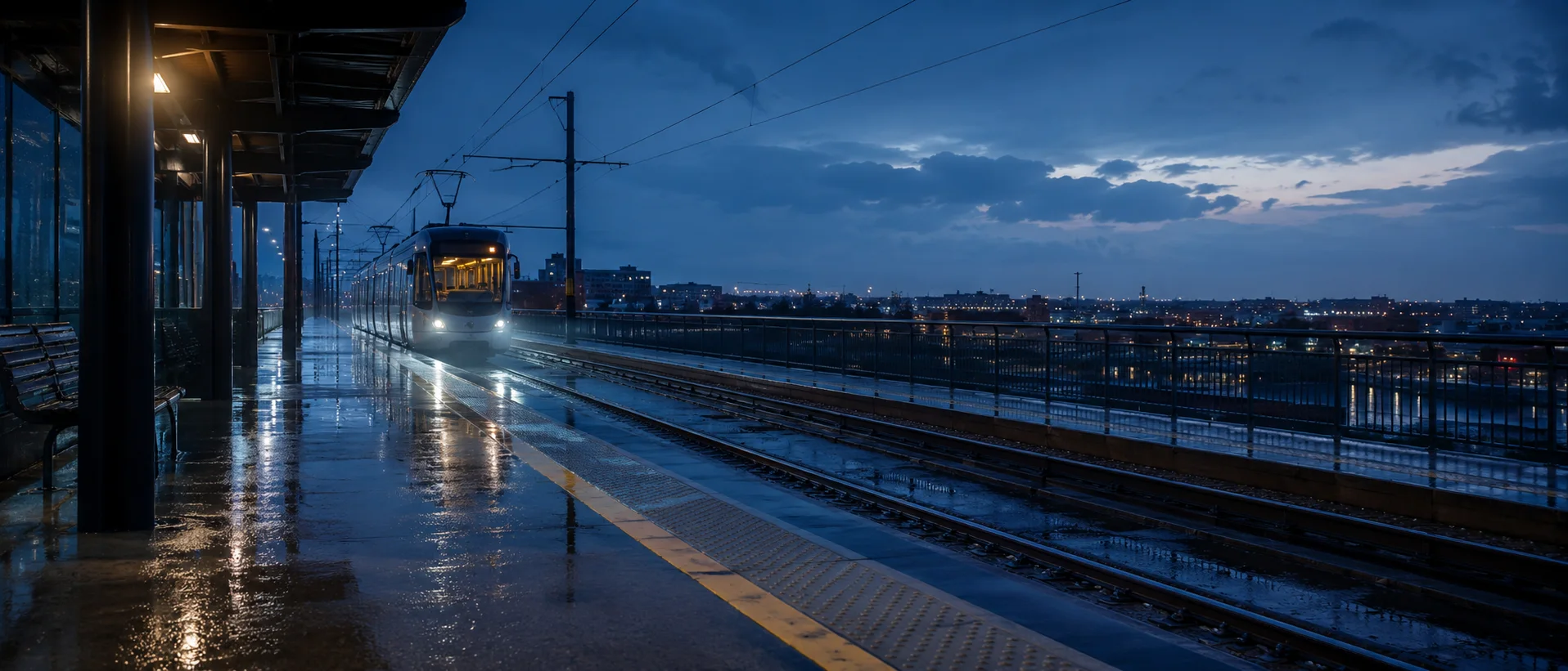 Rainy elevated tram platform at blue hour with wet reflections and a train arriving.