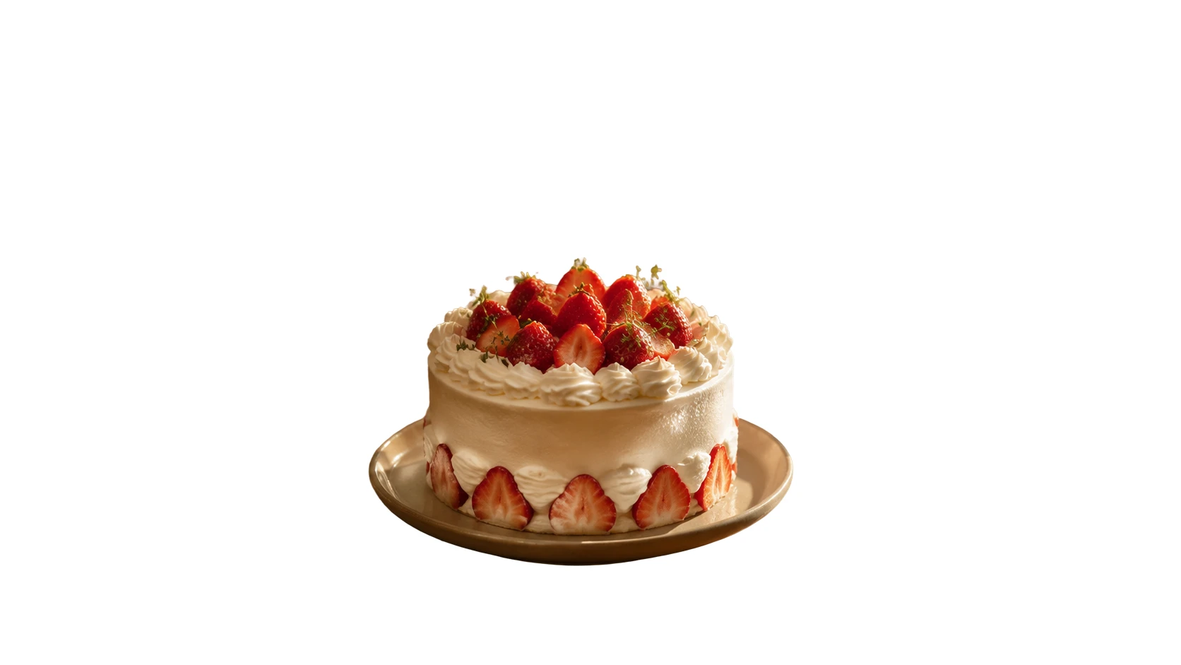 Before-and-after comparison of a strawberry cake changed from a dining table scene to a white background.