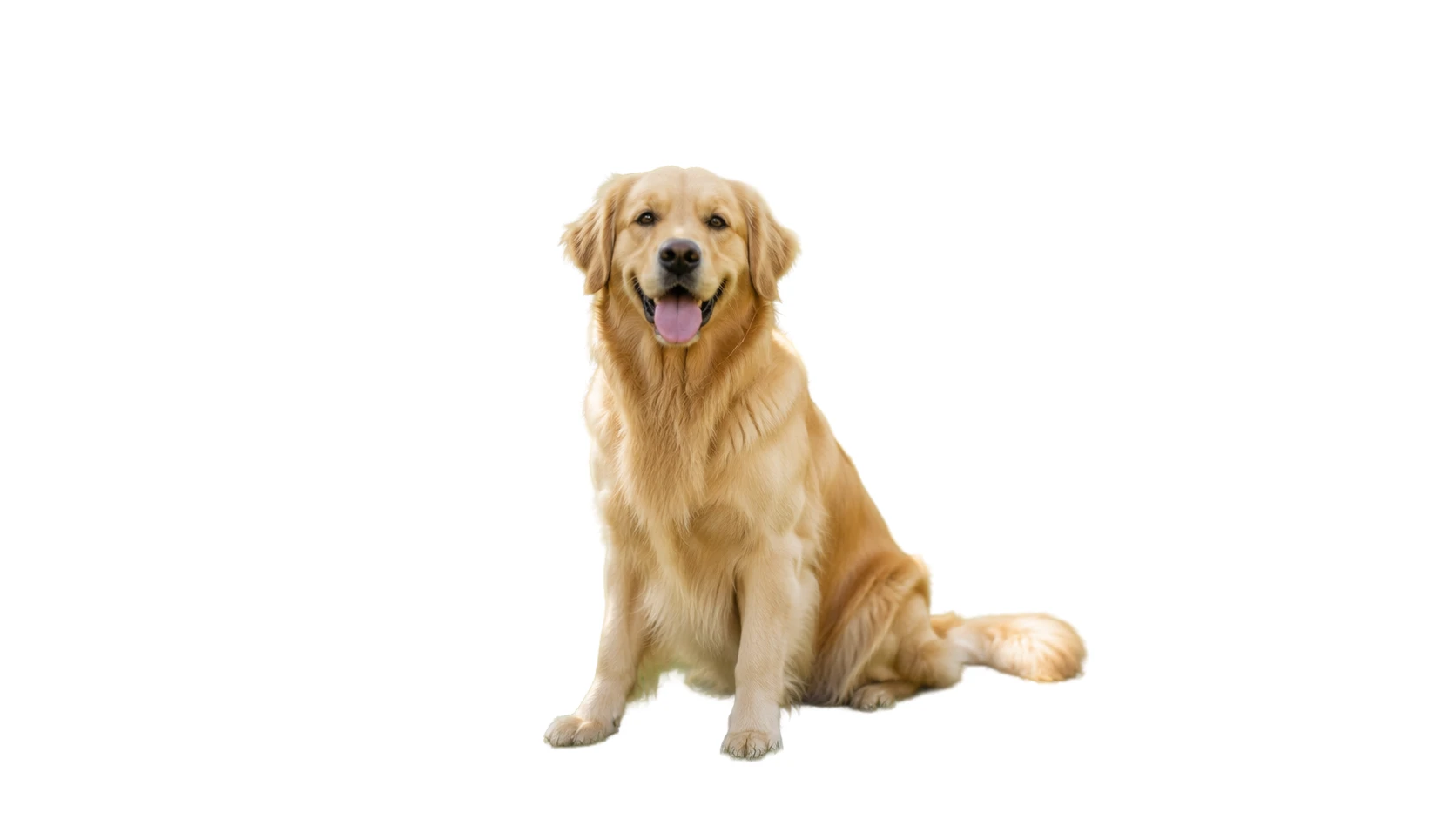 Before-and-after comparison of a golden retriever changed from a garden scene to a white background. result
