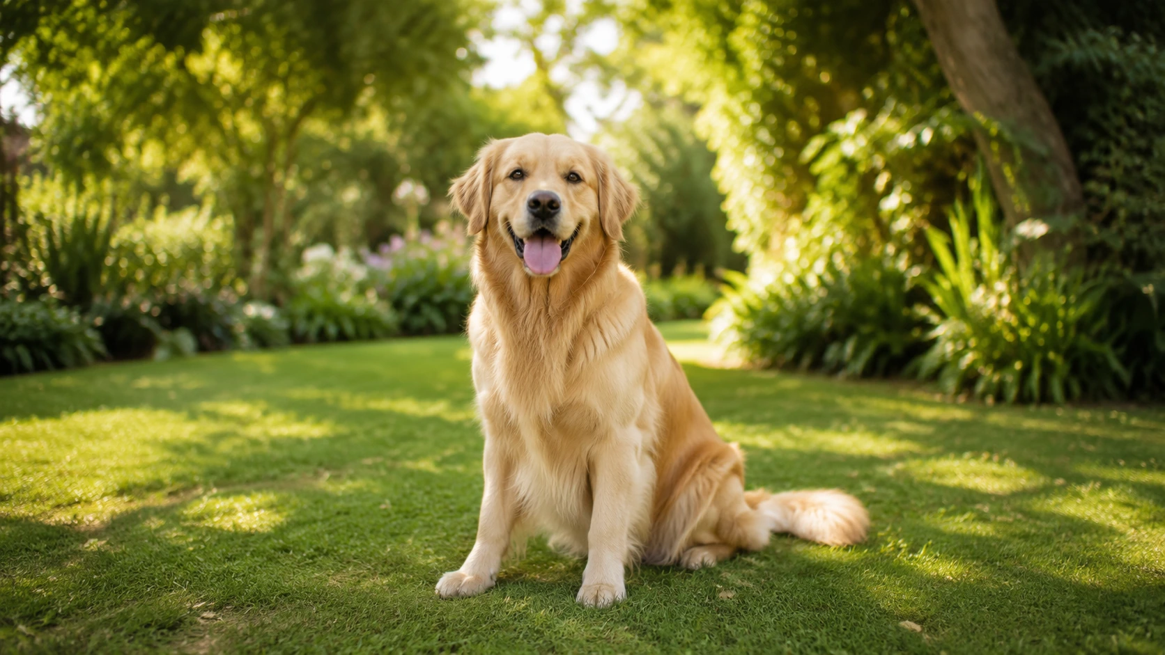 Before-and-after comparison of a golden retriever changed from a garden scene to a white background.