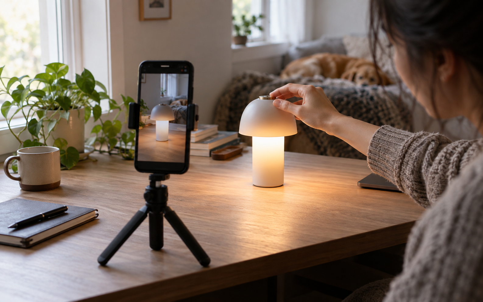 A creator filming a portable desk lamp with a phone on a tripod